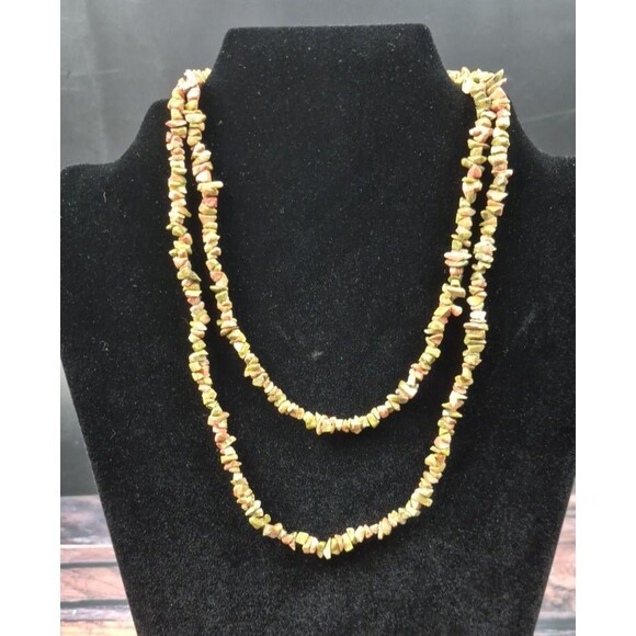 VTG Long Earth Tone Stone Beaded Necklace Green Pink Brown Knotted Closure Boho - Picture 1 of 5